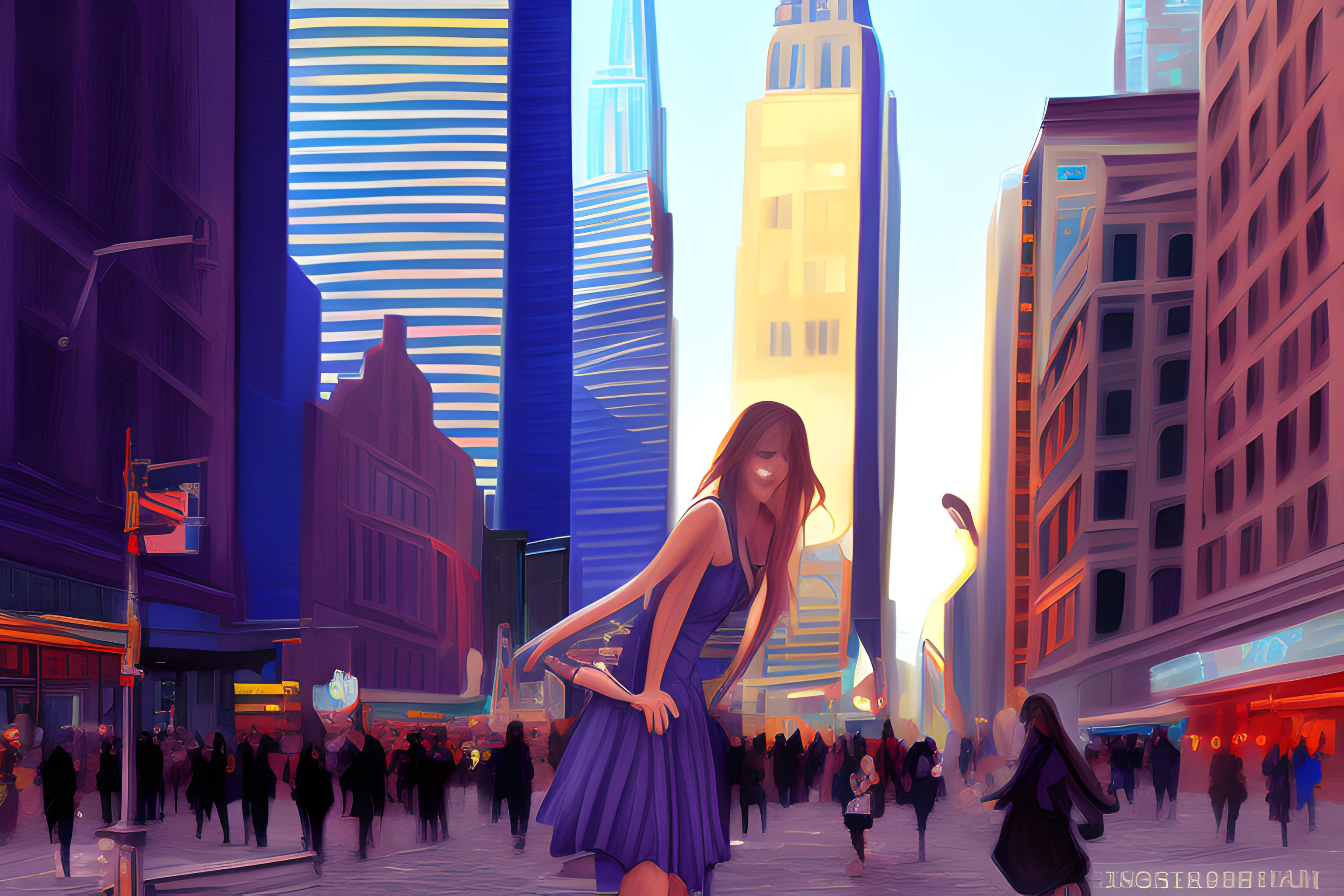 girl stand back at new york , gorgeous dress , downtown